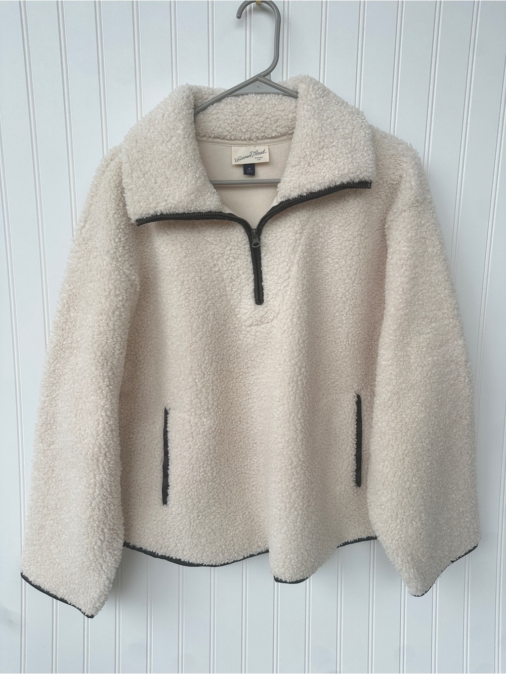 Cream Sherpa Quarter-Zip Pullover with Black Leather Trimmings